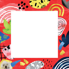 Watercolor template. Collage background composition with shapes and doodles. White square