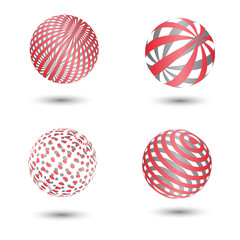 Set of four abstract striped and dotted  spheres.