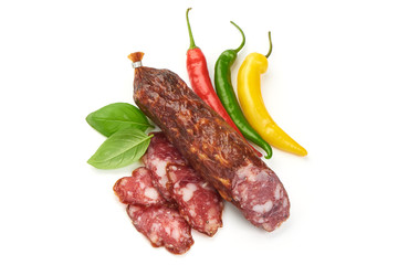 Smoked sausage, Italian dry meat, top view, isolated on white background