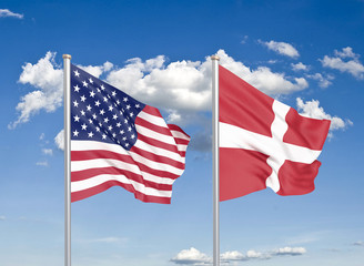 United States of America vs Denmark. Thick colored silky flags of America and Denmark. 3D illustration on sky background. - Illustration