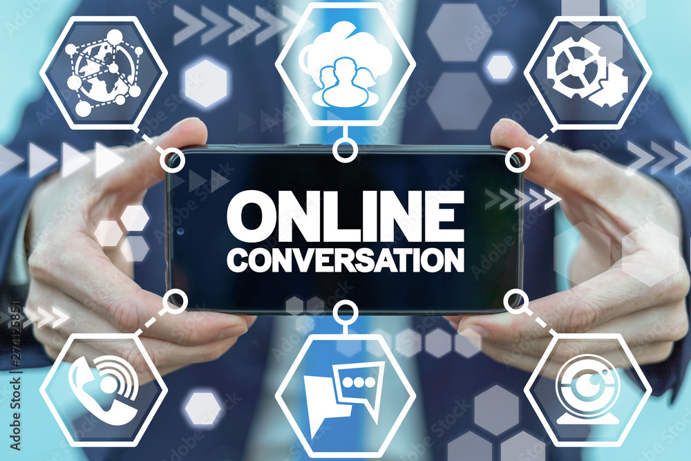 Poster online conversation social audio video web communication concept. video chat. people internet connec