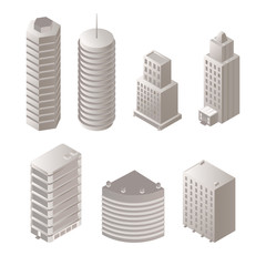 Urban buildings isometric illustrations set