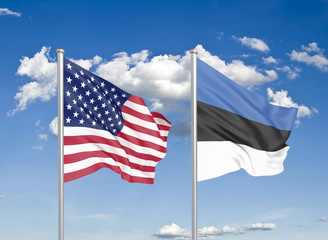 United States of America vs Estonia. Thick colored silky flags of America and Estonia. 3D illustration on sky background. - Illustration