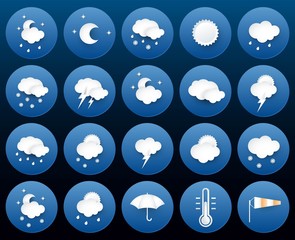 Twenty Blue Weather Circle Paper Icons Set.