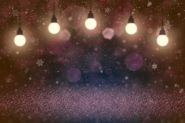 Fototapeta na wymiar nice bright glitter lights defocused bokeh abstract background with light bulbs and falling snow flakes fly, holiday mockup texture with blank space for your content