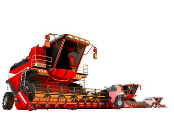 3 red rye harvesters isolated on white background - farm vehicle, industrial 3D illustration