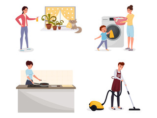 Family doing housework flat illustrations set. Man using vacuum cleaner, mom and son loading washing machine, woman cooking dinner cliparts pack. Domestic chores,