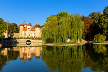 Obraz premium Beautiful reflection of the Sercy Castle in Burgundy region, France.