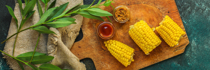 corn boiled, portioned, serving size (vegetable snack). Top view. copy space