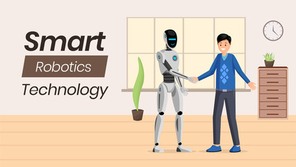 Futuristic ai technology vector banner template. Young man and humanoid robot shaking hands characters. Artificial intelligence advertisement, smart cyborg flat illustration with typography
