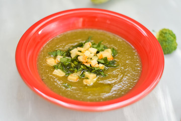 cream soup, broccoli, eggplant, zucchini in a red plate, with olive oil, parsley, cheese