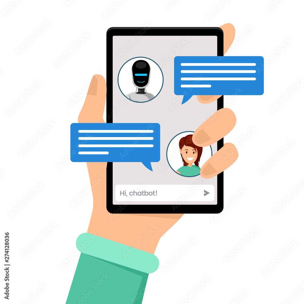 Aufkleber conversation with chatbot vector illustration. hand holding smartphone with user avatars and speech 