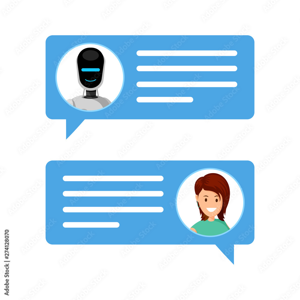 Aufkleber woman chatting with robot vector illustration. message boxes with user and chatbot avatars. communic