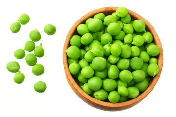 fresh green peas in a wooden plate isolated on a white background. top view
