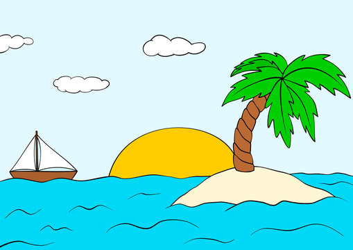 Desert island with palm tree and ship. Summer sunset landscape. Vector tropical isle clipart.