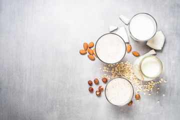 Vegan non dairy alternative milk top view.