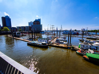 boats in harbor with Elbphilharmonie