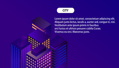 Vector illustration of a night glowing neon city buildings 
