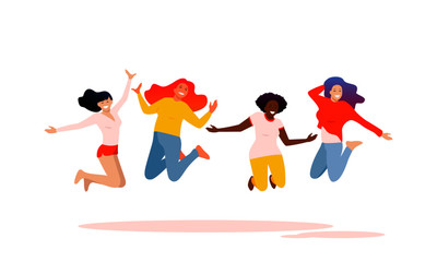 Jumping girls vector illustration. Flat female characters - Caucasian with red hair, asian with dark blue hair, african, Caucasian with lilac hair. Smiling women. Diversity, sisterhood concept.