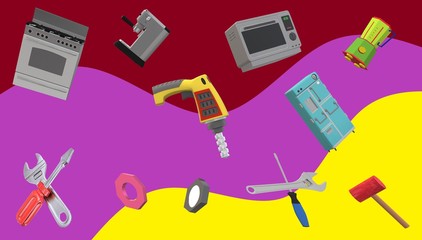 poster for advertising workshop or sale of household appliances and tools.3-d image.