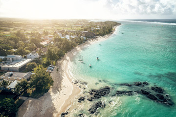 Aearial view of Belle Mare beaches, Mauritius.