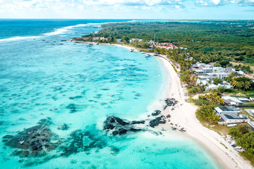 Aearial view of Belle Mare beaches, Mauritius.