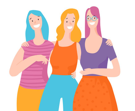 Girl power illustration. Happy women embrassing each other and smiling. 