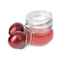 Glass jar of onion syrup and fresh ingredient on white background