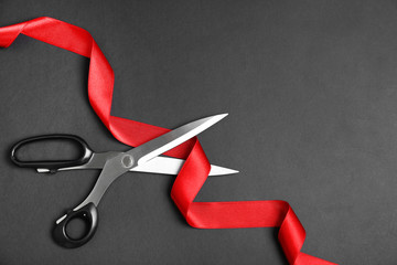 Stylish scissors and red ribbon on black background, flat lay with space for text. Ceremonial tape...