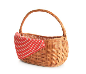 Empty picnic basket with checkered cloth isolated on white
