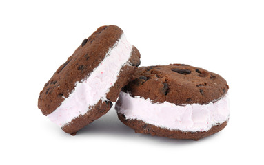 Sweet delicious ice cream cookie sandwiches on white background