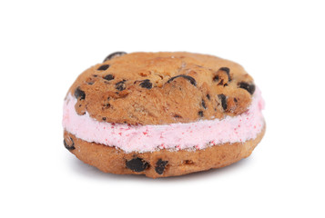 Sweet delicious ice cream cookie sandwich  on white background