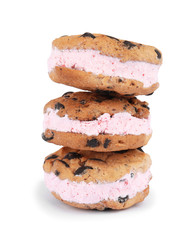 Sweet delicious ice cream cookie sandwiches on white background