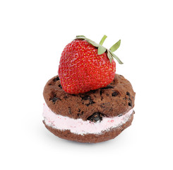 Sweet delicious ice cream cookie sandwich and strawberry on white background