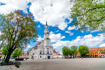 Town Hall White Swan in the center of Kaunas at the Town Hall Square in Lithuania in the spring against a blue sky with cirrus clouds