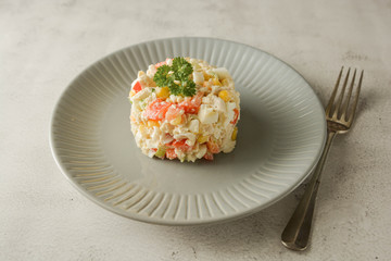 Mayonnaise meat and corn salad with bell pepper.