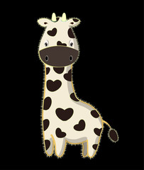 Isolated image with single cartoon charcter, cute little toy giraffe, friendly childish illustration on black background, hearts shaped blemishes on soft white fur. Little horns, fluffy fur.