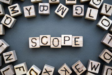 the word scope wooden cubes with burnt letters, scope of activity, gray background top view,...