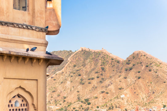 View of part of Amer wall near Jaipur, India from Amber Fort.
