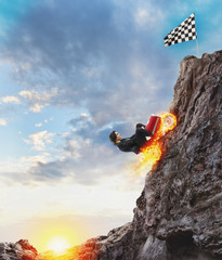 Fast businesswoman with a car climbs a mountain to reach the flag. Concept of success and...