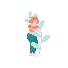 Cute Girl and the plant isolated on white background, vector illustration in flat design. People having Reunion with Nature concept illustration.