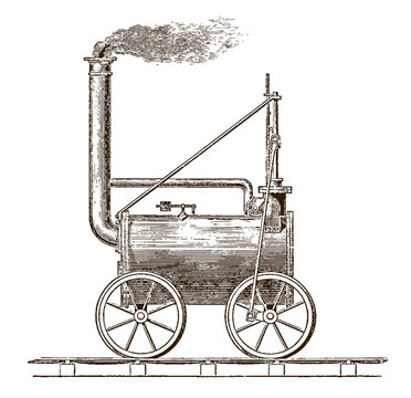 Historic locomotive-engine by Richard Trevithick from 1804. Illustration after an engraving from the 19th century
