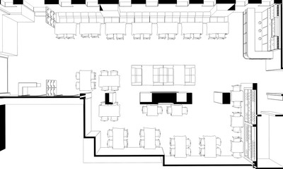restaurant, 3D illustration, sketch, outline