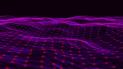 Wave with many connected dots and lines. Abstract futuristic background. 3D rendering.