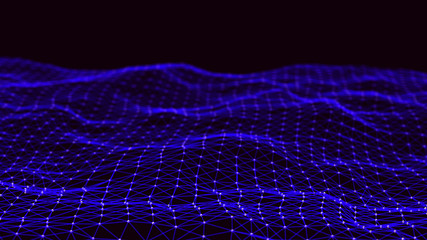 Wave with many connected dots and lines. Abstract futuristic background. 3D rendering.