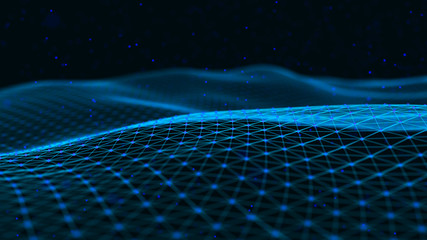Wave with many connected dots and lines. Abstract futuristic background. 3D rendering.