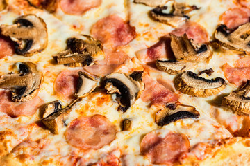 Delicious fresh pizza with salami, mushrooms and cheese close up texture