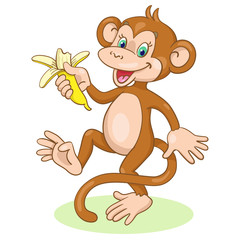 Funny happy monkey dancing with a banana in his hand. In cartoon style. Isolated on white background. Vector illustration.
