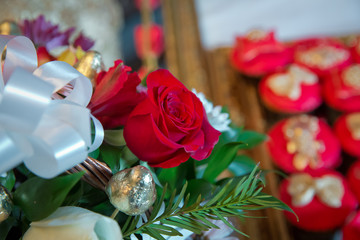 Red roses flowers with valentine festival and beautiful blur bouquet background . 8 marc . Very beautiful Red roses flowers . Soft box shot . Red rose flowers .