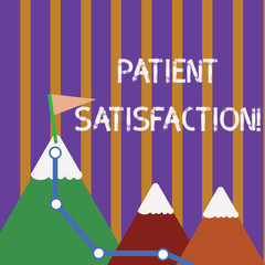 Text sign showing Patient Satisfaction. Business photo showcasing measure of the extent to which a patient is content Three Mountains with Hiking Trail and White Snowy Top with Flag on One Peak